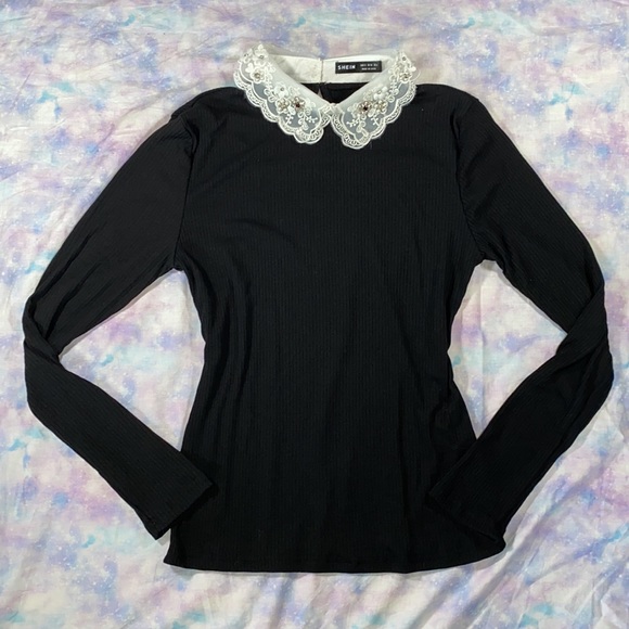 🪩[ Shein ] Embellished Collar Long Sleeve Blouse - Picture 4 of 11